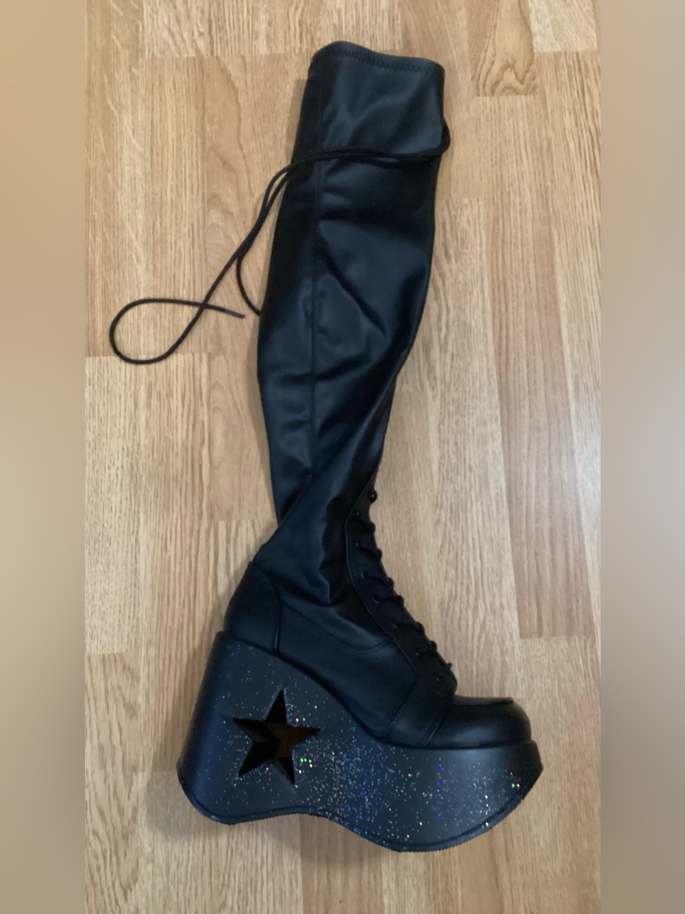 Demonia Dynamite-300 Black Matte Star Cutout Platform Thigh-High Boots Womens 9 - Picture 6 of 14